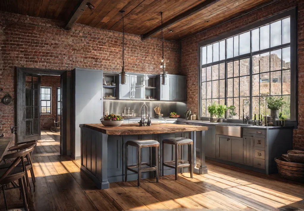 A rustic yet modern kitchen with reclaimed wood flooring exposed brick wallsfeat