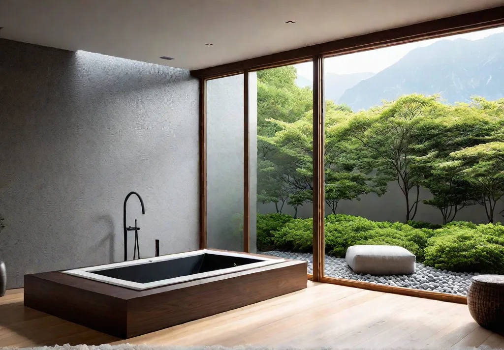 A serene bathroom bathed in natural light featuring a deep square Japanesefeat