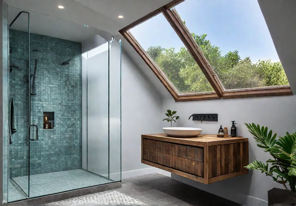 A serene bathroom bathed in natural light from a large skylight featuringfeat
