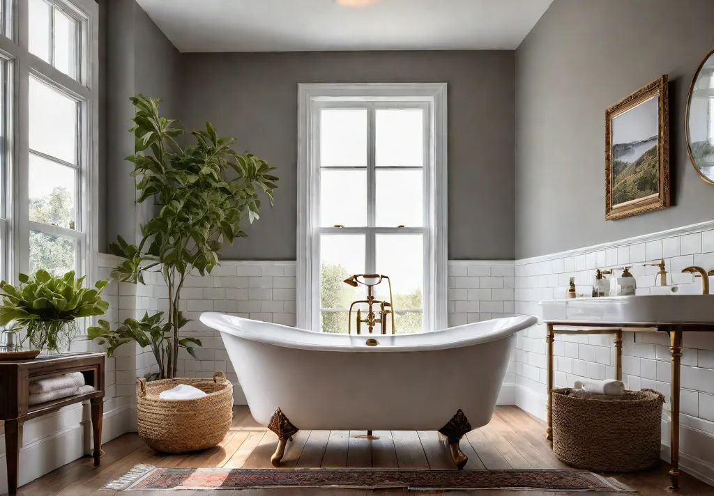 A serene bathroom bathed in soft morning sunlight featuring a clawfoot tubfeat