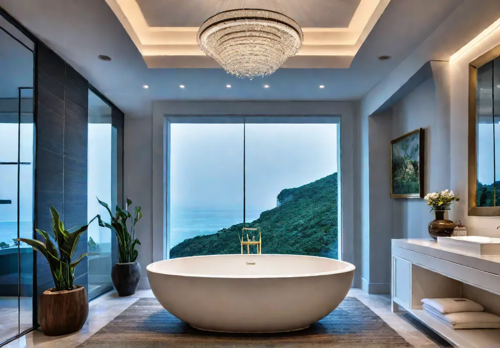 A serene bathroom sanctuary with a freestanding bathtub featuring hydrotherapy jets andfeat