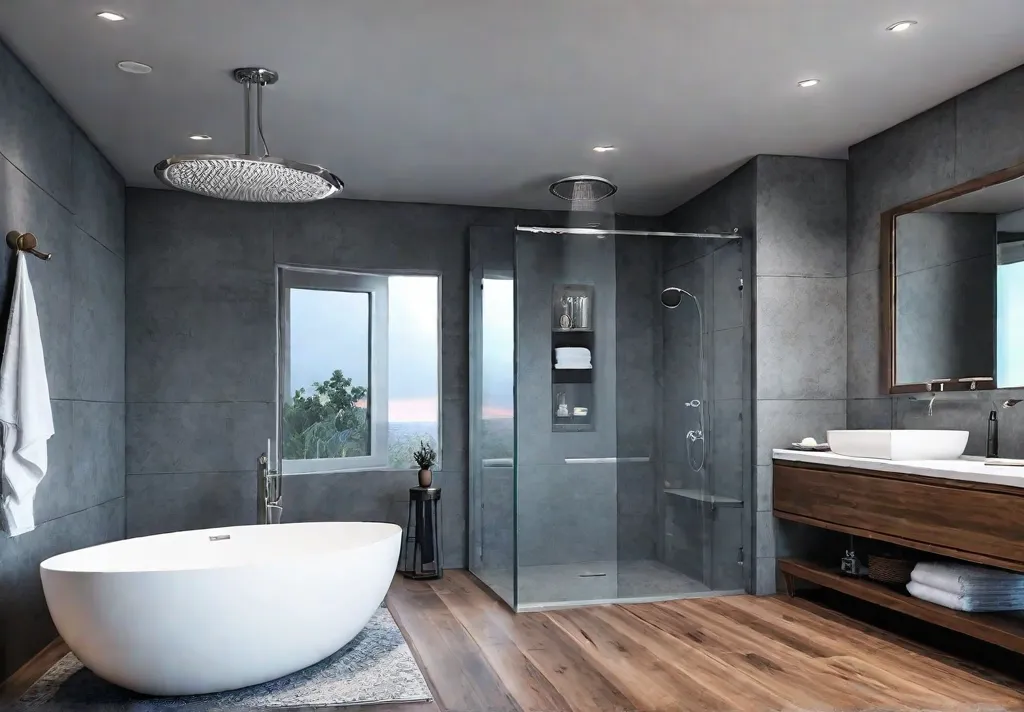 A serene bathroom with a focus on the walkin shower area featuringfeat