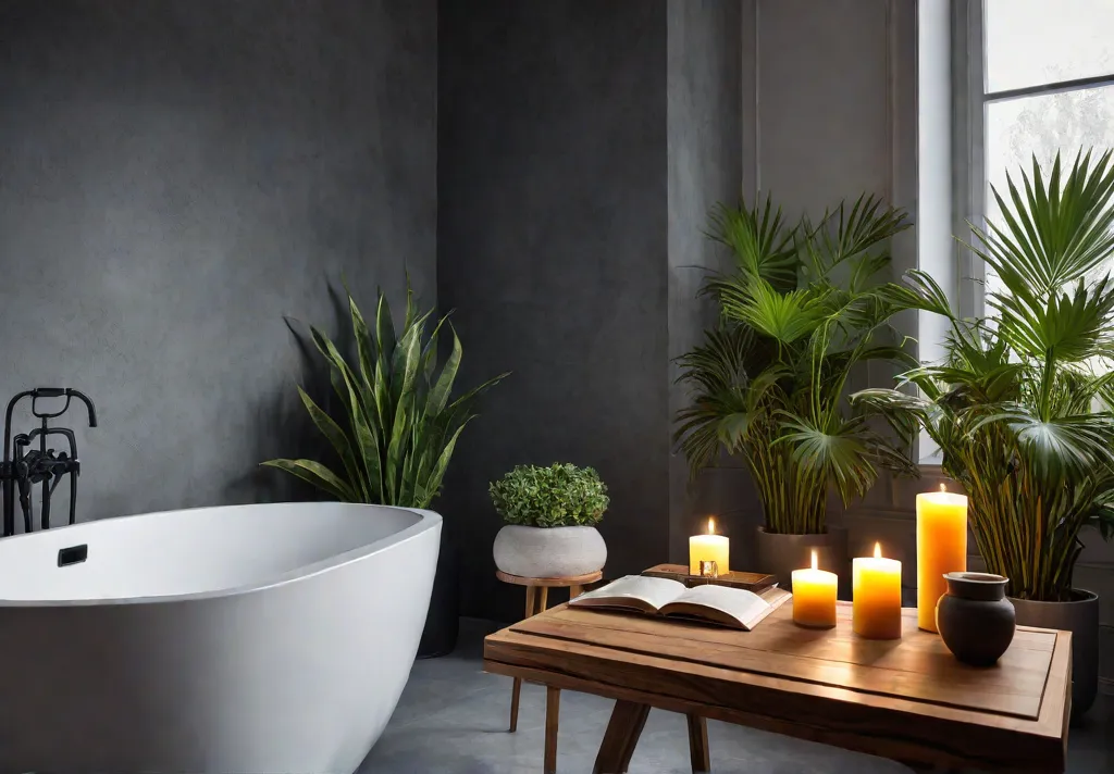 A serene bathroom with a freestanding bathtub as the focal point surroundedfeat
