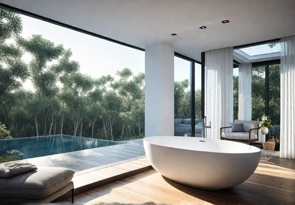 A serene bathroom with a freestanding bathtub positioned centrally surrounded by naturalfeat