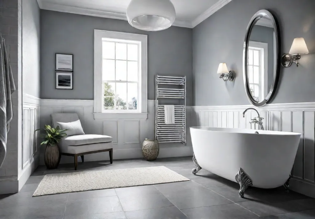 A serene bathroom with a pristine white bathtub gleaming chrome fixtures andfeat