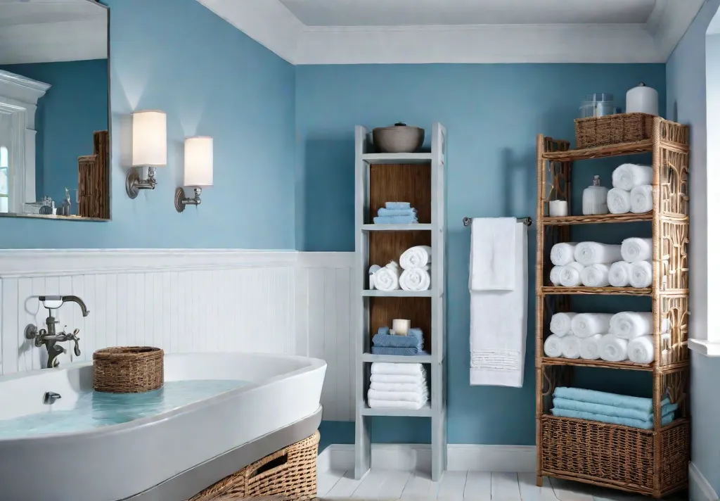 A serene bathroom with light blue walls featuring an array of cleverfeat