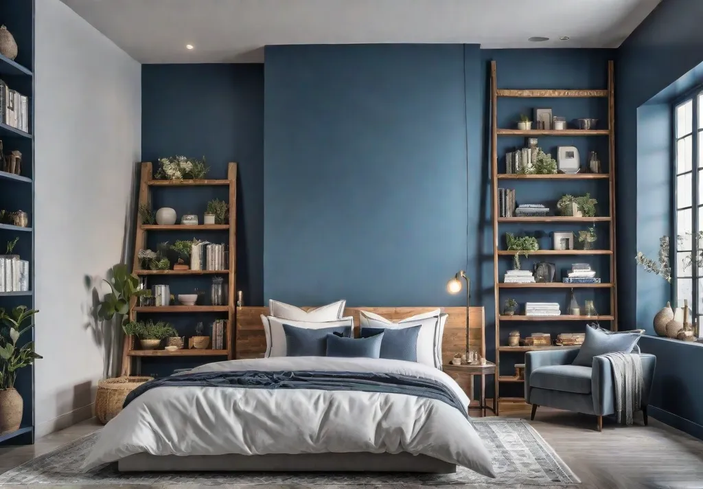 A serene bedroom with a calming blue accent wall created using removablefeat