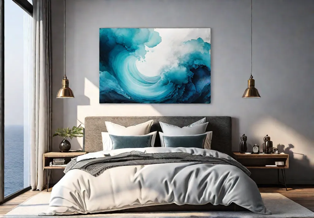 A serene bedroom with an artistic wall hanging featuring an abstract watercolorfeat