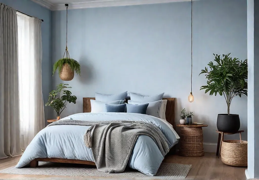 A serene bedroom with walls painted in a calming shade of palefeat