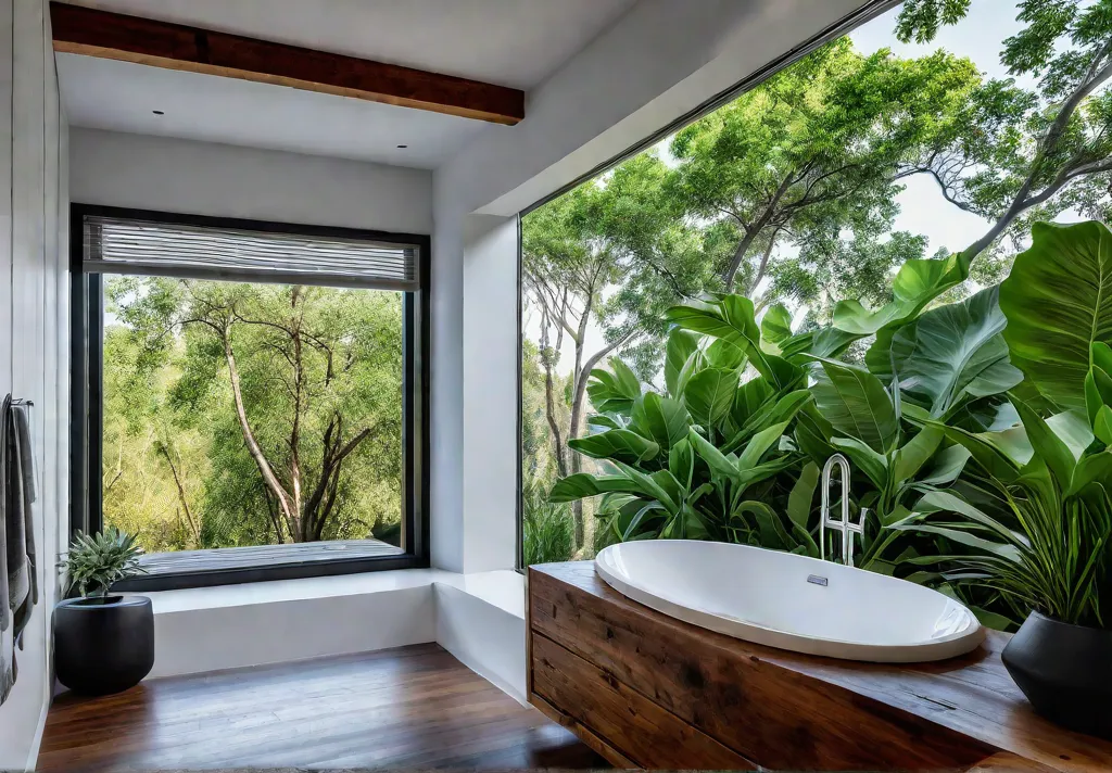 A serene master bathroom bathed in natural light with large windows showcasingfeat
