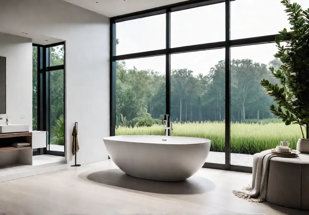 A serene master bathroom with a freestanding soaking tub positioned beneath afeat