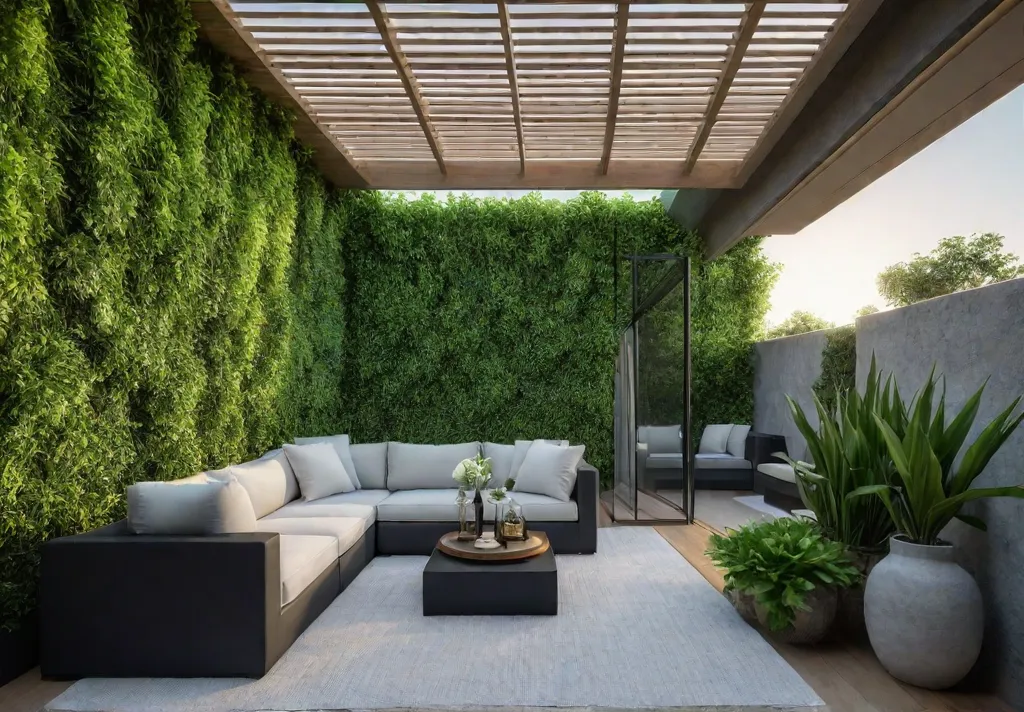 A serene patio oasis with a cozy conversation nook furnished with plushfeat