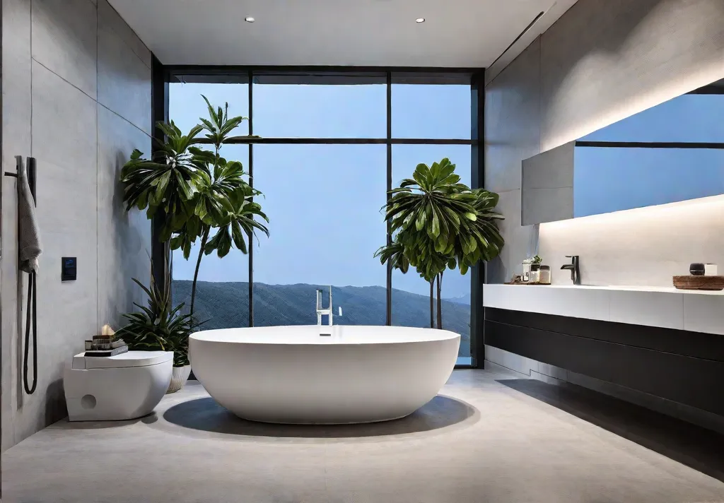 A sleek and modern bathroom with a smart toilet featuring a minimalistfeat