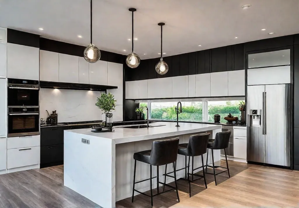 A sleek contemporary kitchen with white cabinetry quartz countertops and a largefeat