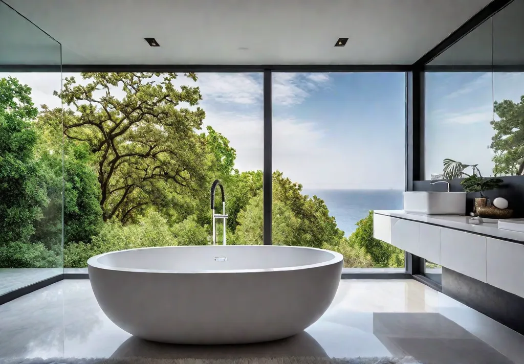 A sleek modern bathroom featuring a freestanding acrylic bathtub with clean linesfeat