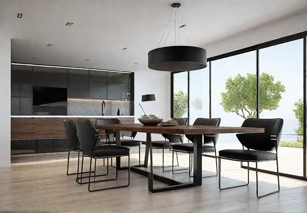 A sleek rectangular modern dining table with a minimalist metal frame andfeat