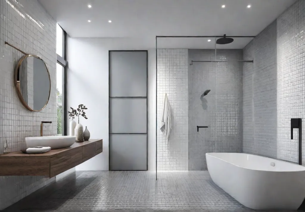 A small bathroom shower transformed with a minimalist grid tile layout infeat