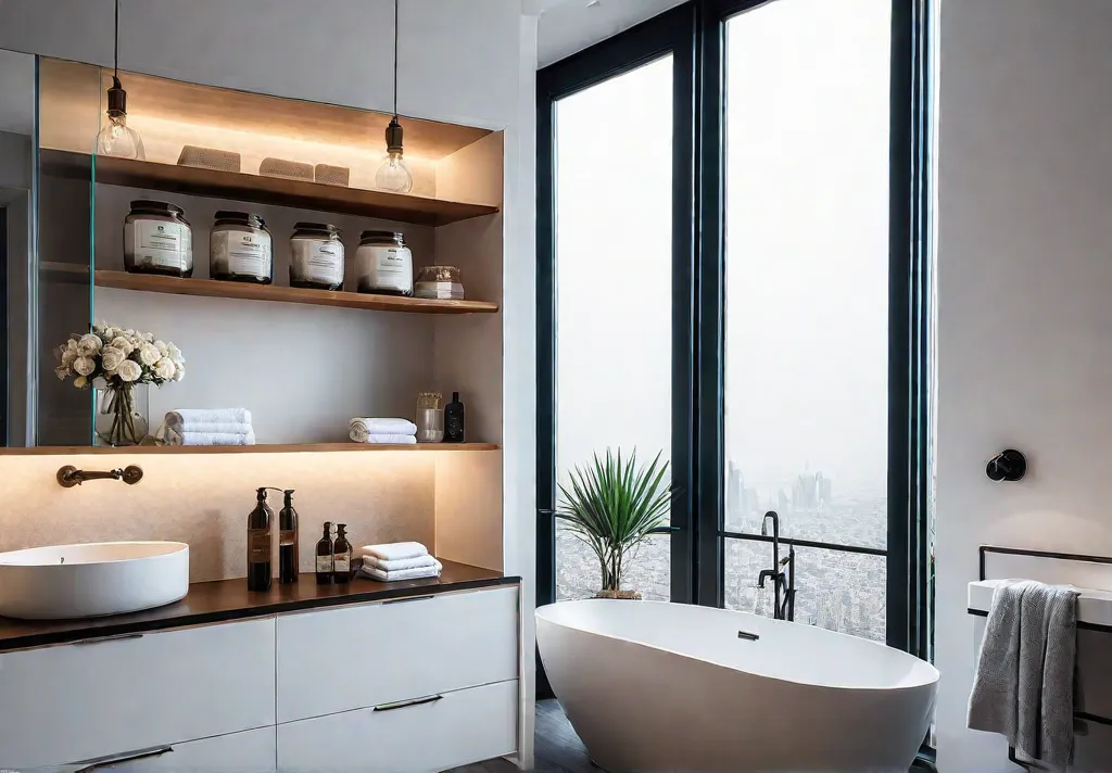 A small bathroom transformed into a serene oasis with ample storage spacefeat