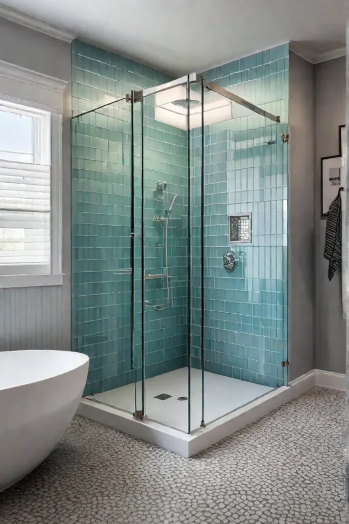 A small bathroom with a corner shower stall and natural light