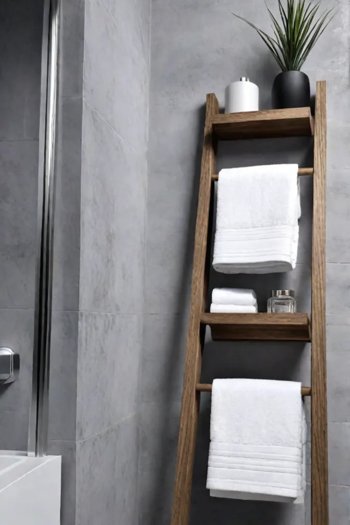 A small bathroom with a ladder shelf for vertical storage