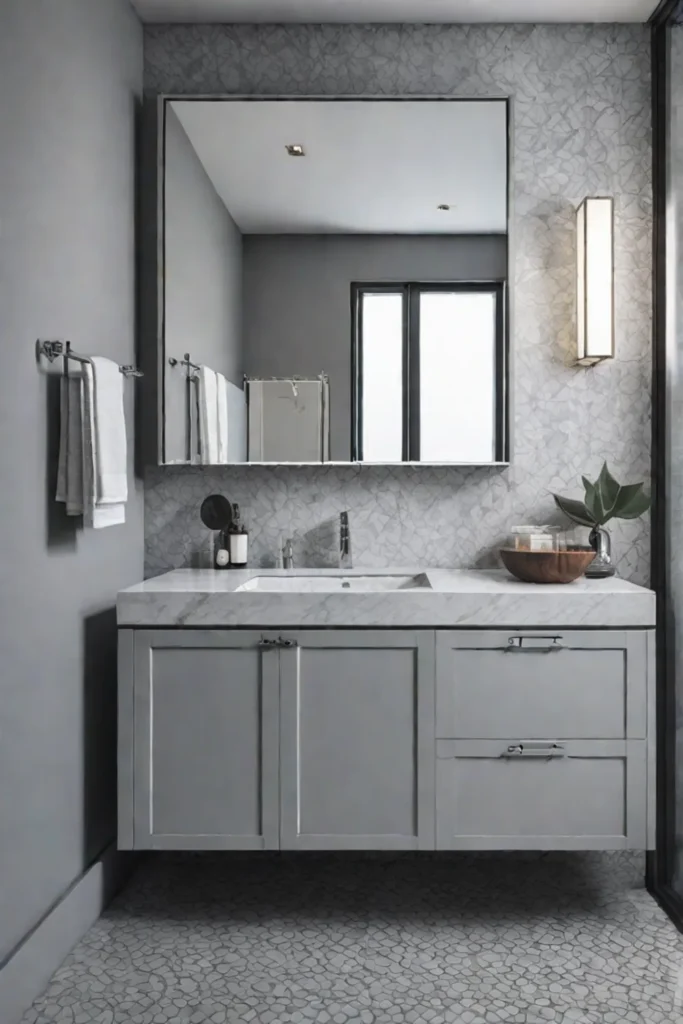 A small bathroom with a light color palette and a large mirror