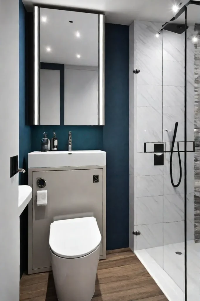 A small bathroom with a wallmounted vanity and toilet for a spacious