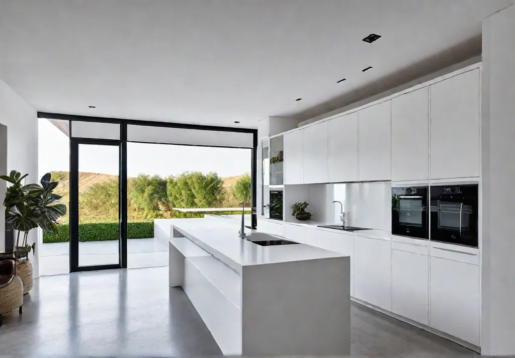 A small kitchen bathed in natural light with white walls and cabinetsfeat