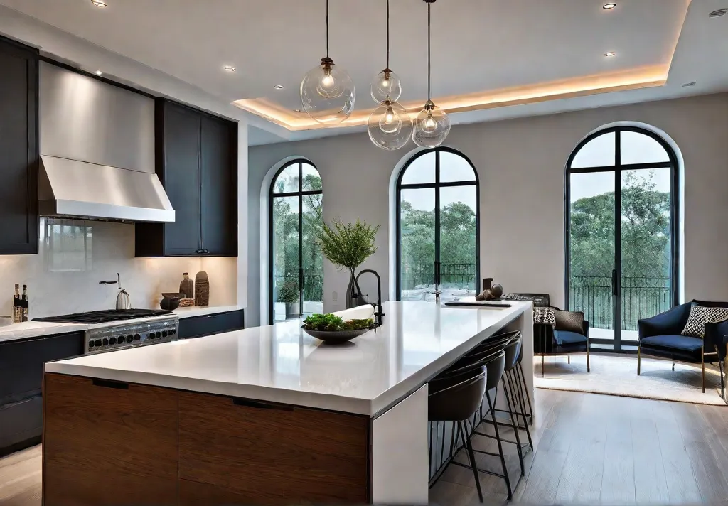 A small kitchen bathed in warm natural light with large windows lightcoloredfeat