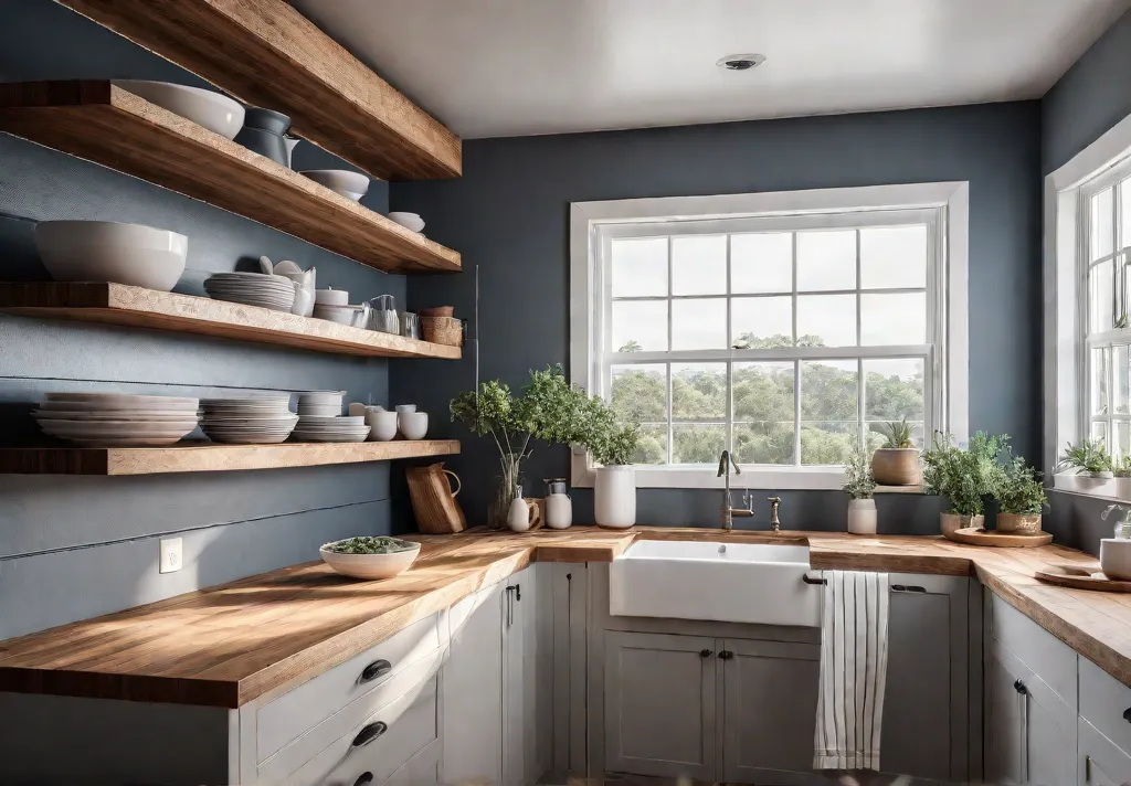 A small kitchen with butcher block countertops and open shelving showcasing farmhousestylefeat