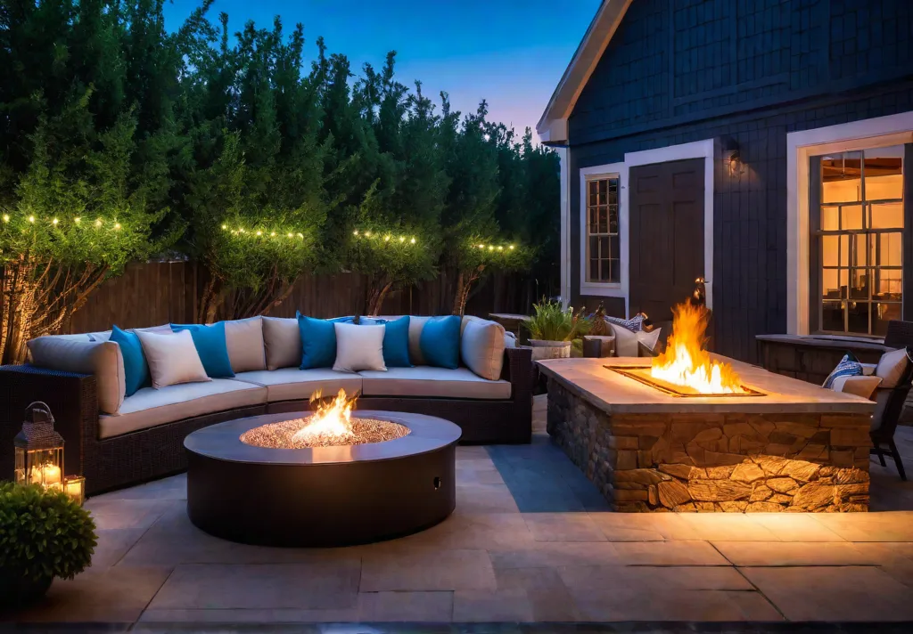 A spacious backyard patio with a builtin outdoor kitchen featuring a grillfeat