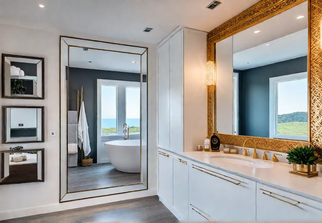 A spacious bathroom with a large ornate goldframed trifold mirrored cabinet abovefeat