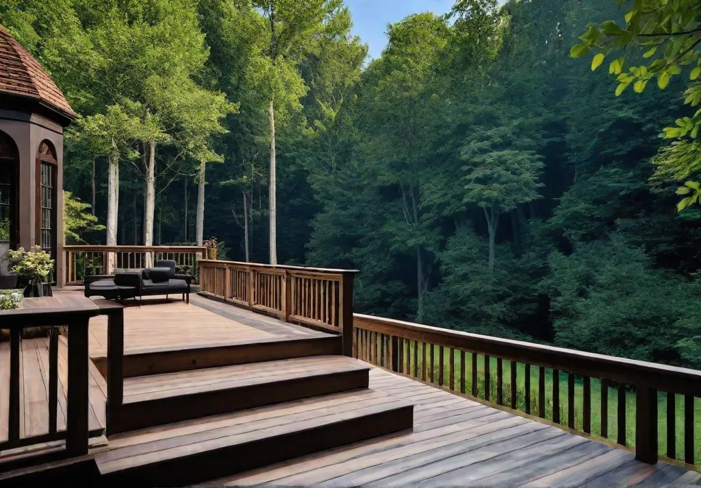 A spacious elevated deck with multiple levels and a grand staircase overlookingfeat
