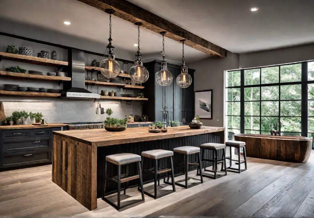 A spacious farmhouse kitchen with a large rectangular island made from reclaimedfeat