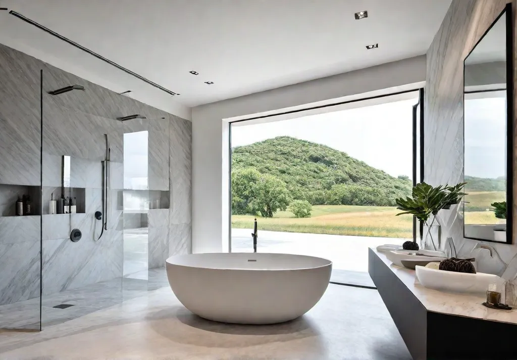 A spacious modern bathroom with large format tiles on the floor andfeat