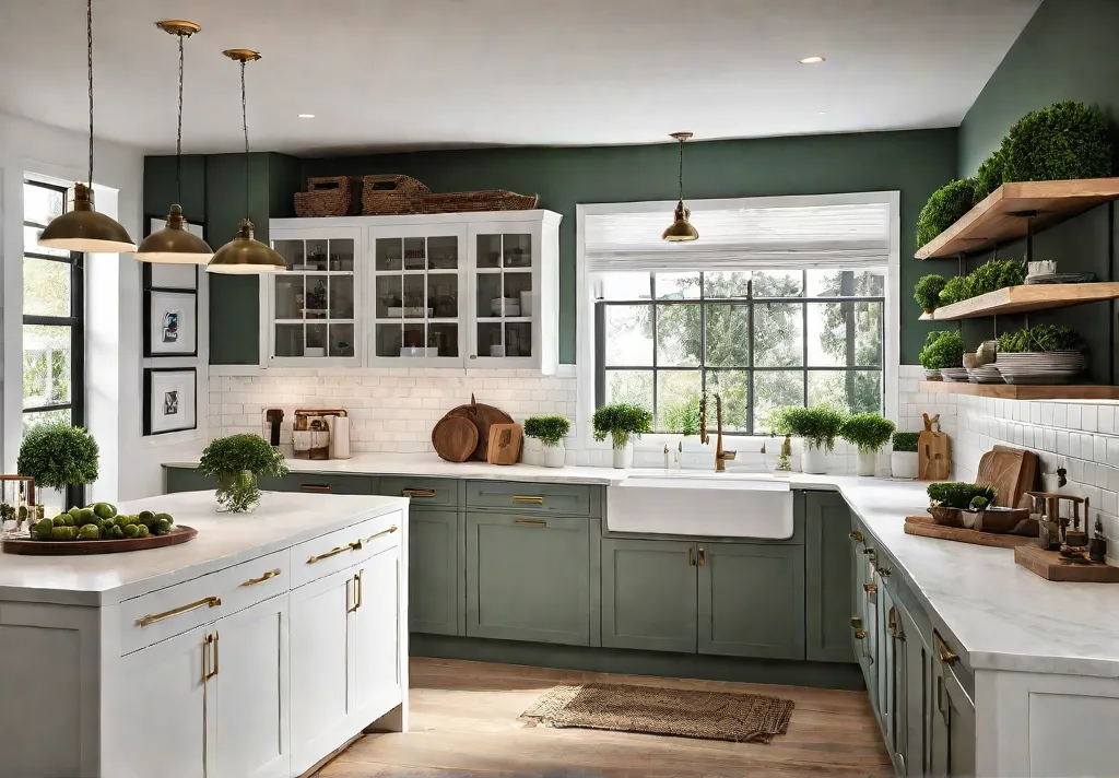 A spacious modern kitchen featuring traditional white shakerstyle cabinets with brass hardwarefeat