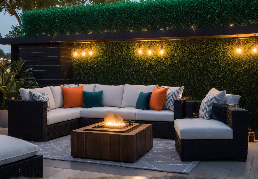 A spacious patio transformed into an entertainment hub featuring a cozy seatingfeat