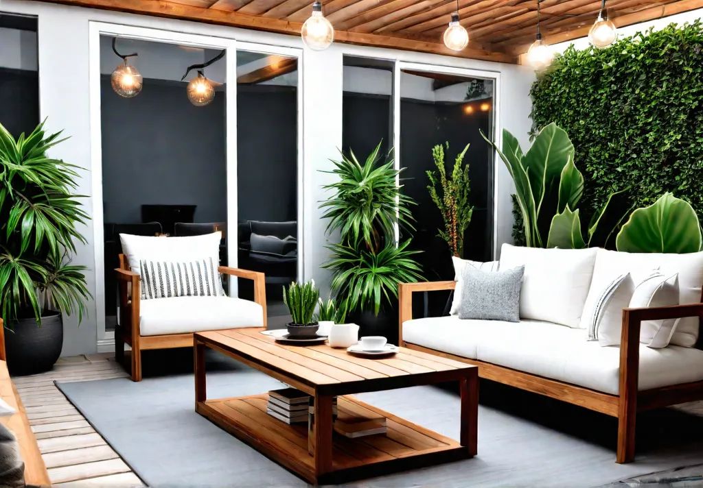 A spacious patio with a modern furniture set including a plush sofafeat