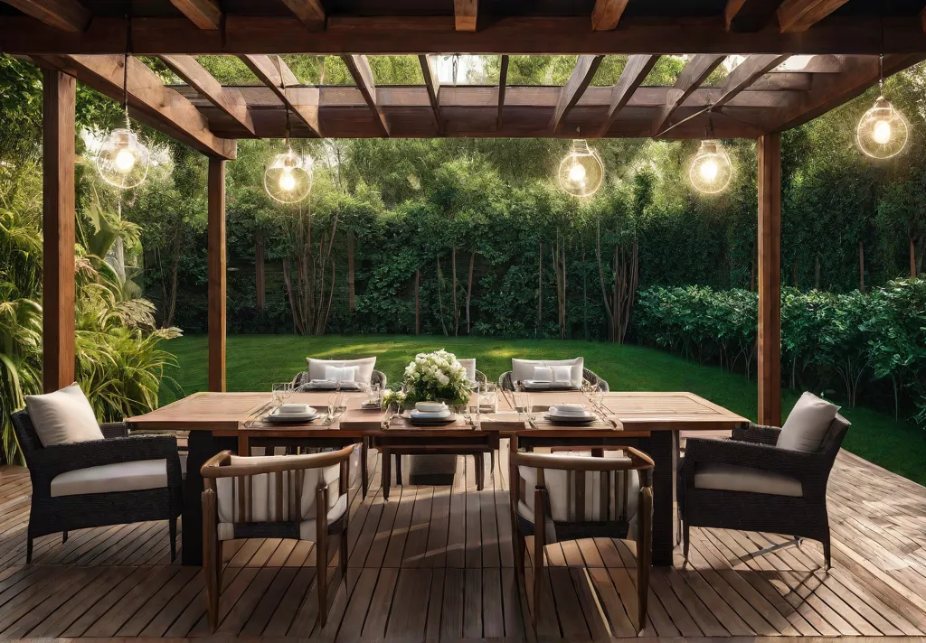 A spacious wooden deck with a pergola overhead surrounded by lush greeneryfeat