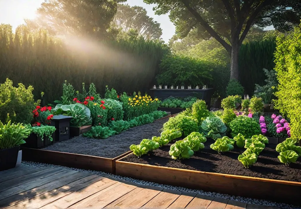 A sundrenched backyard vegetable garden teeming with life featuring raised beds overflowingfeat