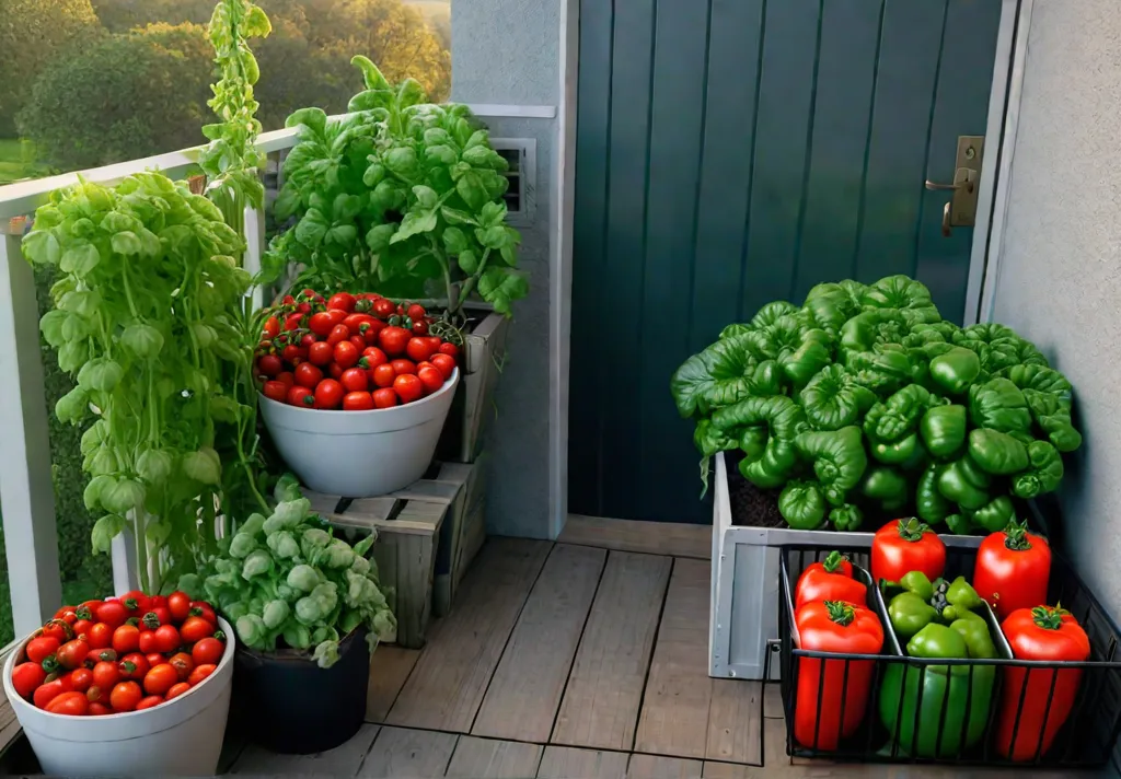 A sundrenched balcony filled with a variety of container vegetables including vibrantfeat