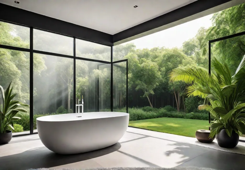 A sundrenched bathroom with a freestanding white bathtub as the centerpiece largefeat