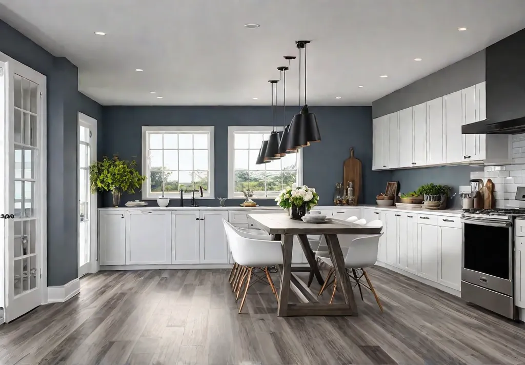 A sunlit kitchen featuring light gray Luxury Vinyl Tile flooring that mimicsfeat