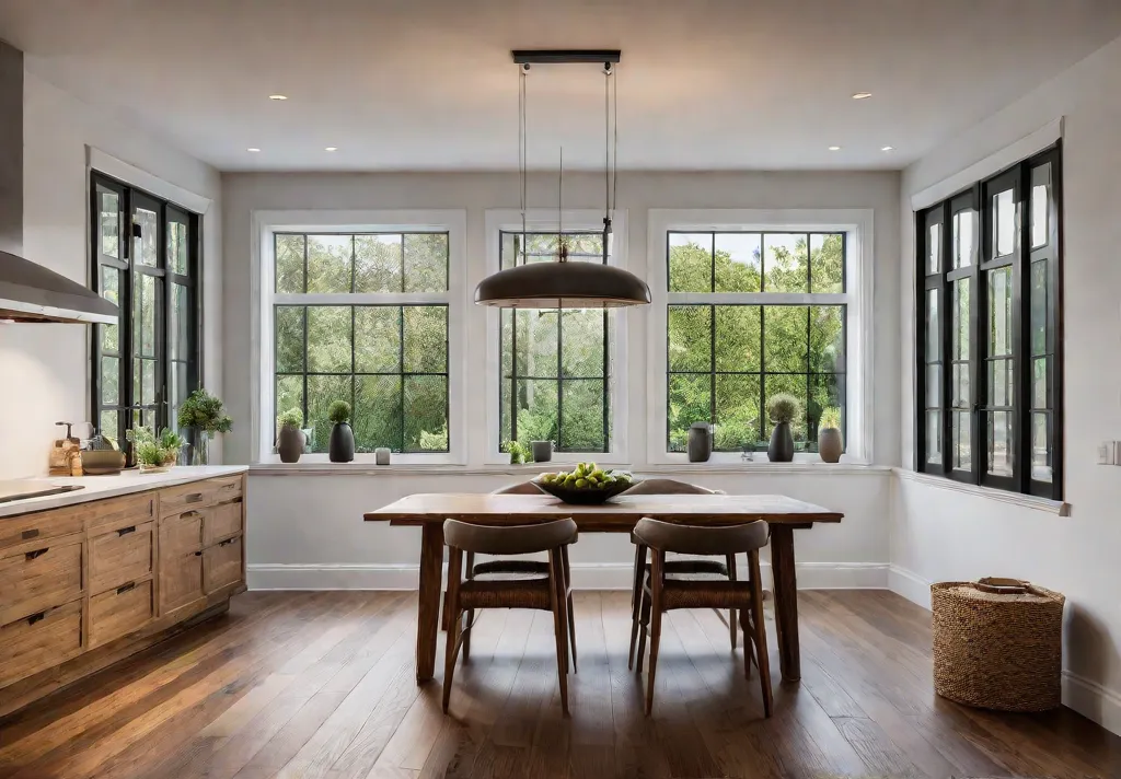 A sunlit kitchen with large windows showcasing a view of a lushfeat