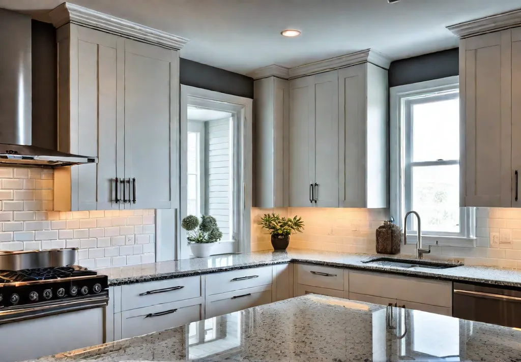 A sunlit kitchen with white cabinets stainless steel appliances and a polishedfeat