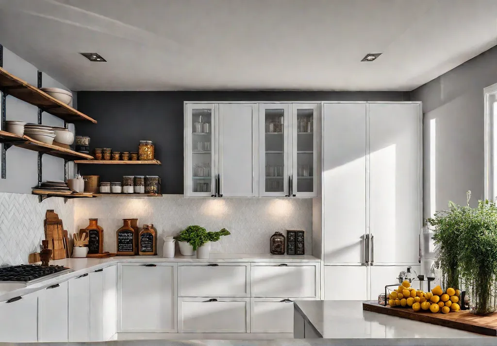 A sunlit small kitchen with white cabinets showcasing pullout shelves filled withfeat