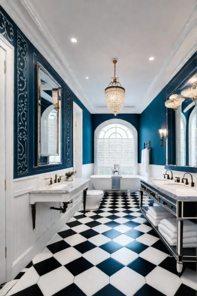 A symmetrical master bathroom with a pedestal sink mosaic tile floor and