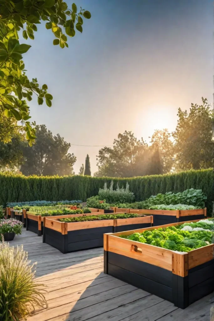 A thriving vegetable garden bathed in golden sunlight
