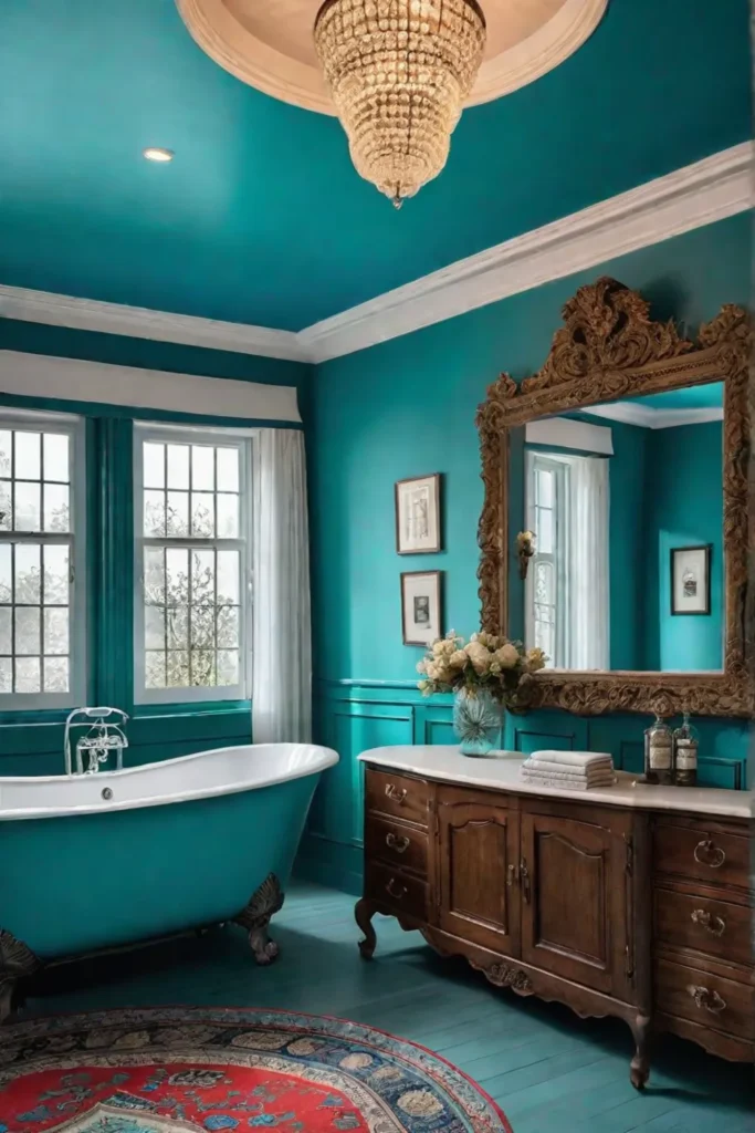 A turquoise clawfoot tub in an eclectic bathroom with vintage and modern