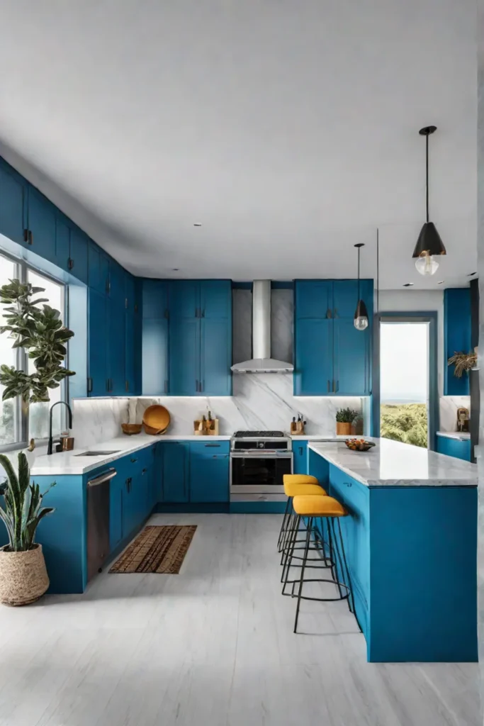 A vibrant kitchen with blue cabinets and white laminate countertops
