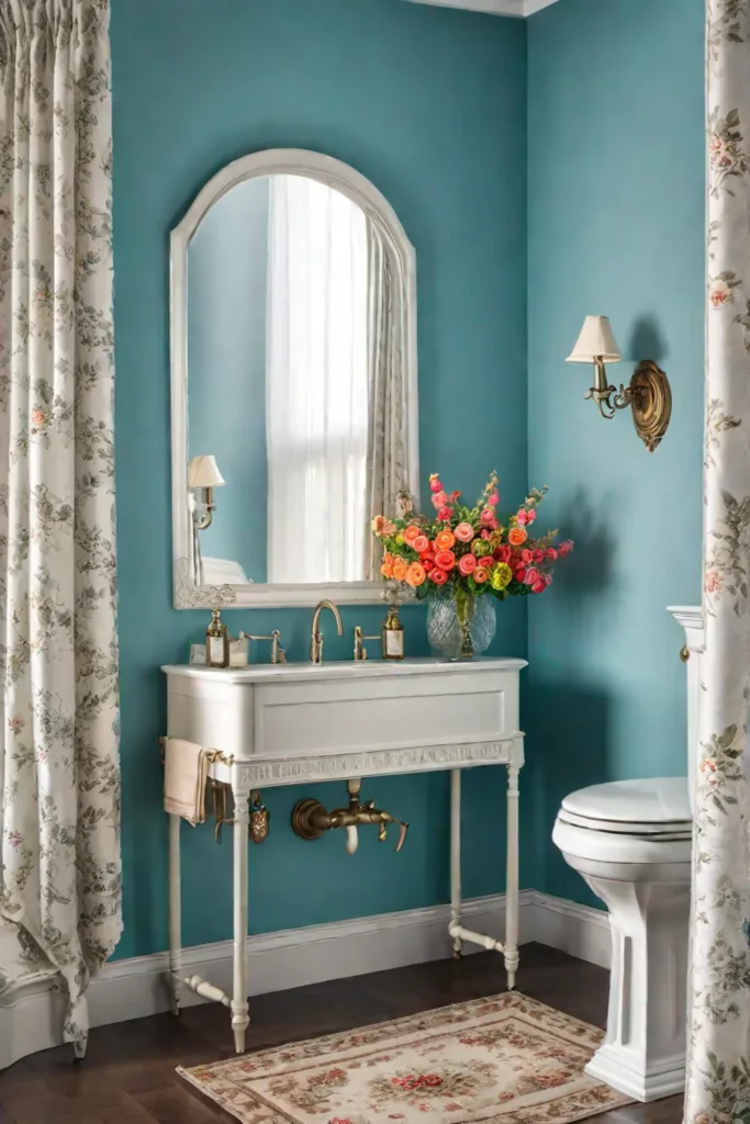 A vintage vanity repurposed as a sink stand in a bathroom with